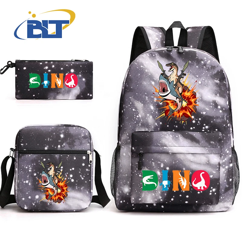 Dinosaur Print Backpack Set Campus Student Schoolbag Kids Shoulder Bag Pencil Bag 3-piece Set Children's Gift