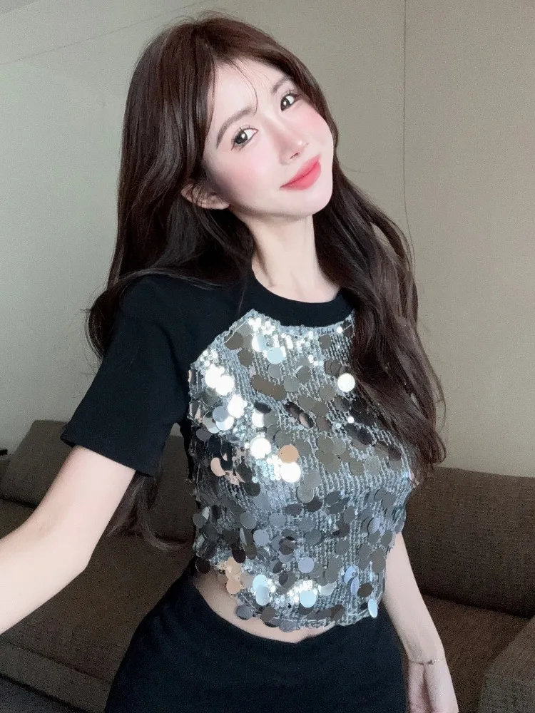 

Summer New Short Sleeve round Neck Shaping Women's T-shirt Fashionable Versatile Sexy Glittering Korean Style Commute Wind