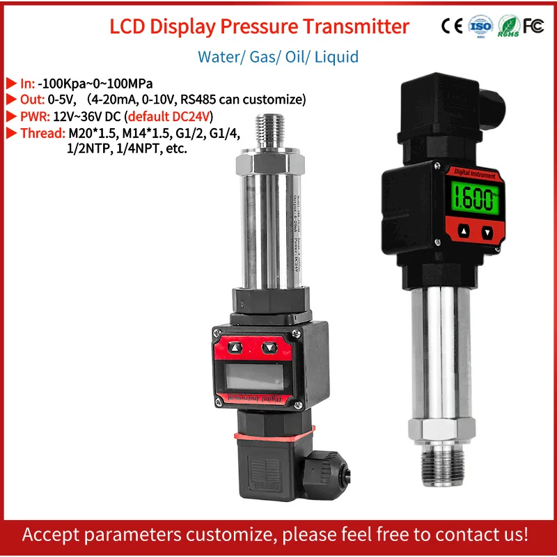 

0-5V Water Fuel Liquid Oil Transducer LCD Display Vacuum Pressure Transmitter Negative Pressure Sensor DC24V Pressure Transducer