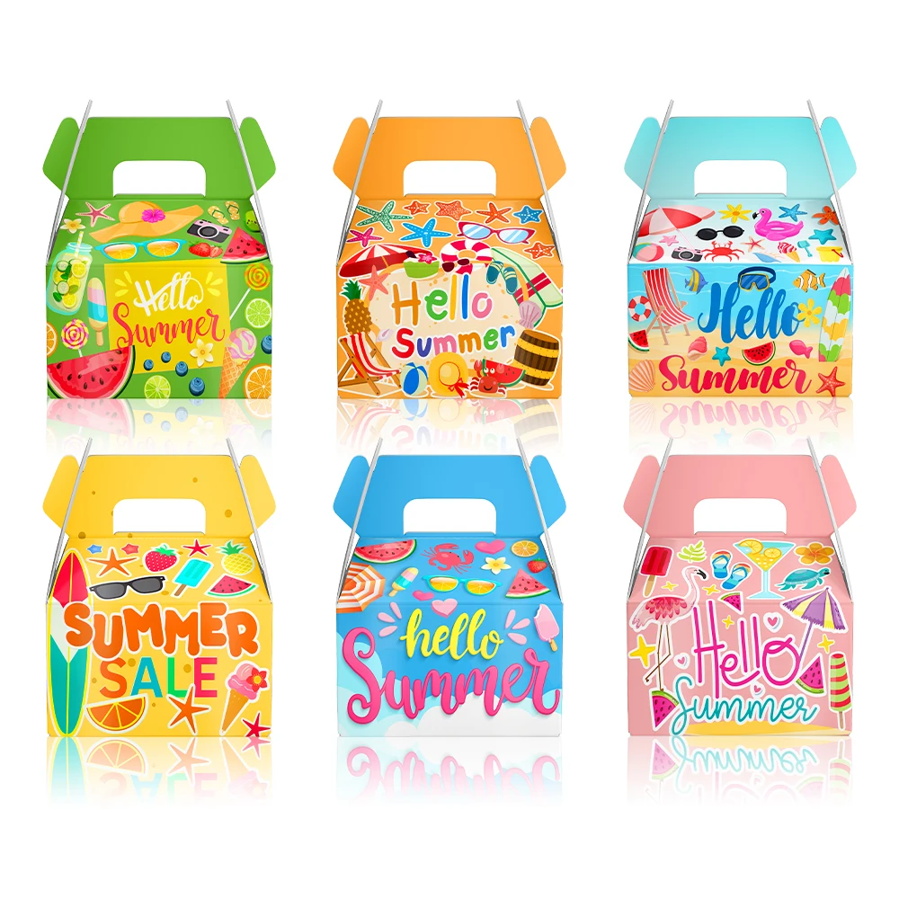 Caja de dulces de papel con temática de Hello Summer Beach, 6/12 Uds., con asa, diseños de flamencos y bolas de playa, caja de regalo, decoración hawaiana para Fiesta EN LA Piscina