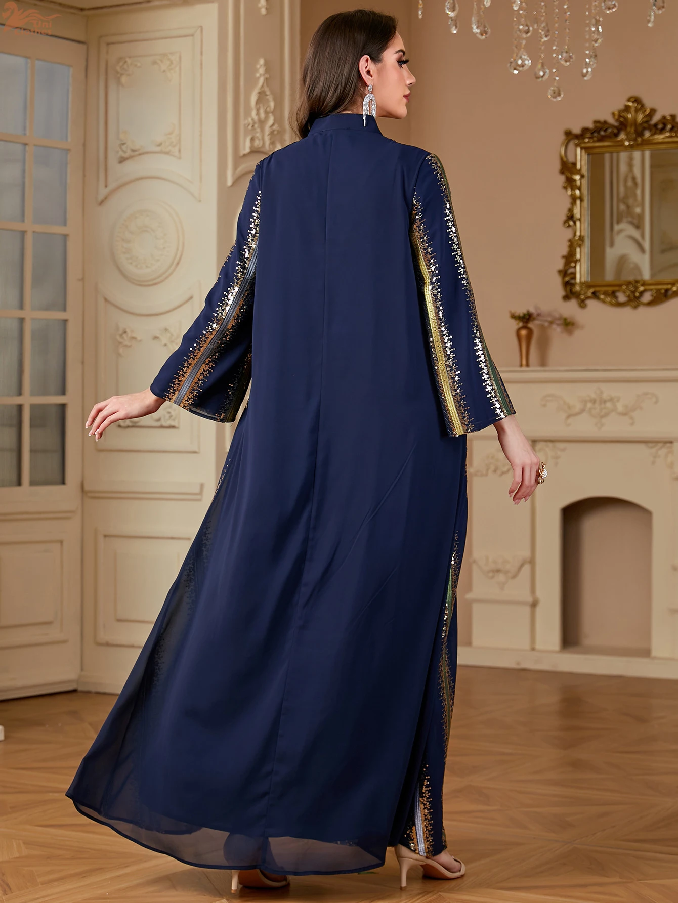 Uni Ramadan Dubai Embroidery Sequins abaya Stripe Loose Kaftan Muslim Elegant Women Evening Dress