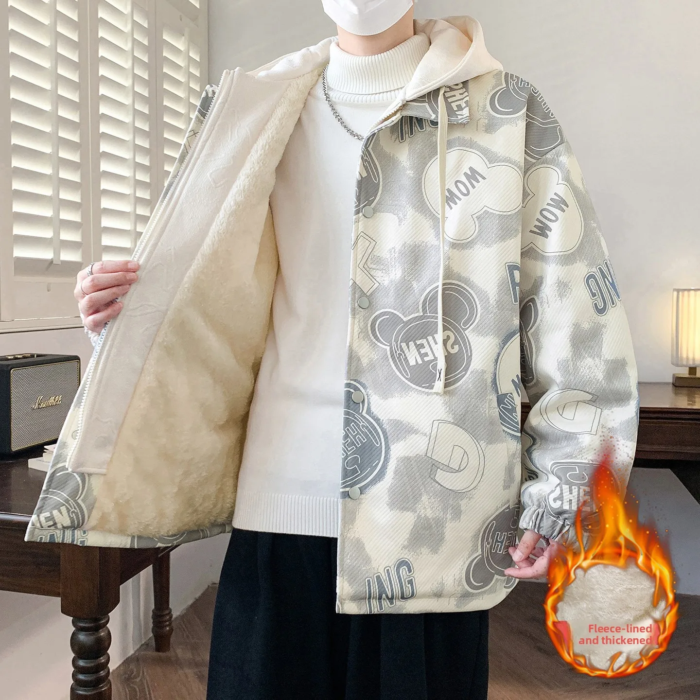 

Trendy Bear Print Fce Lined Hooded Jaet Men's Casual Loose Fit Two Piece Look Polyester Fiber Long Sve Zipper Closure