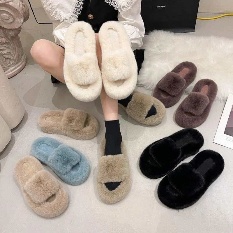 Furry Slides Women Winter Shoes Ladies Plush Slippers House Comfort Flats Bedroom Shoes Woman Casual Slip-on Cotton Slipper