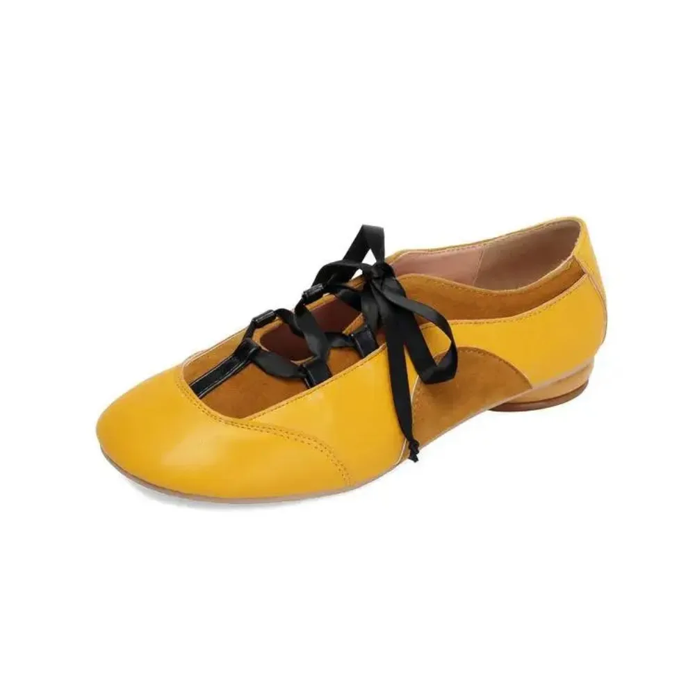 Spring and Autumn New Model Fashion Low Heel Nude Shoes Color Blocking Round Head Crisscross Straps Casual Student Women's Shoes