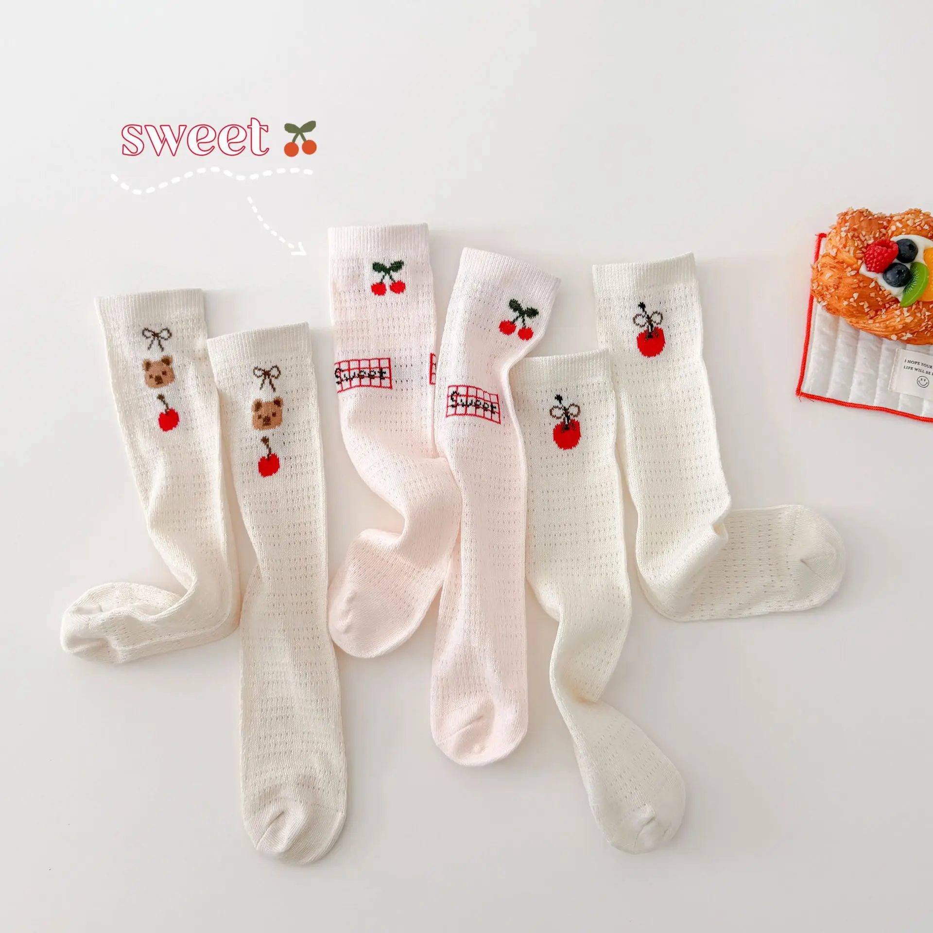 

2026 Kids Socks Spring Summer Thin Girls' Long Tube Cotton Socks Korean Bear Cherry Bow Breathable Mesh Socks Knee High Socks