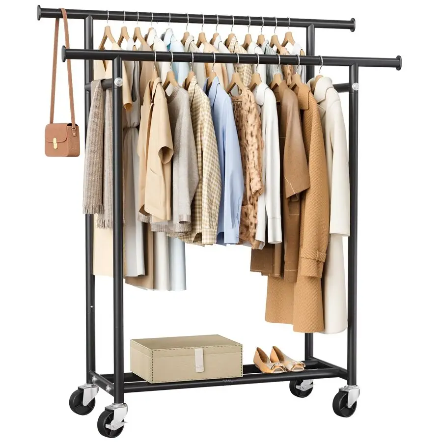 

Rack, Double Rods Rolling Clothing Rack for Hanging Clothes, Portable Garment Rack with Wheels, Coat Rack Wardrobe Closet Load