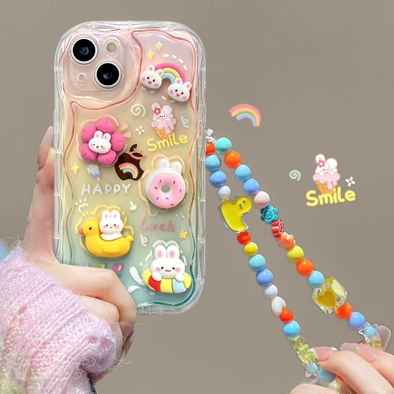 For iphone16 16pro Phonecase Colorful Cute Rabbit Case Cover with chain for Iphone 15 15pro 15promax 14 14pro 13 13pro 13promax