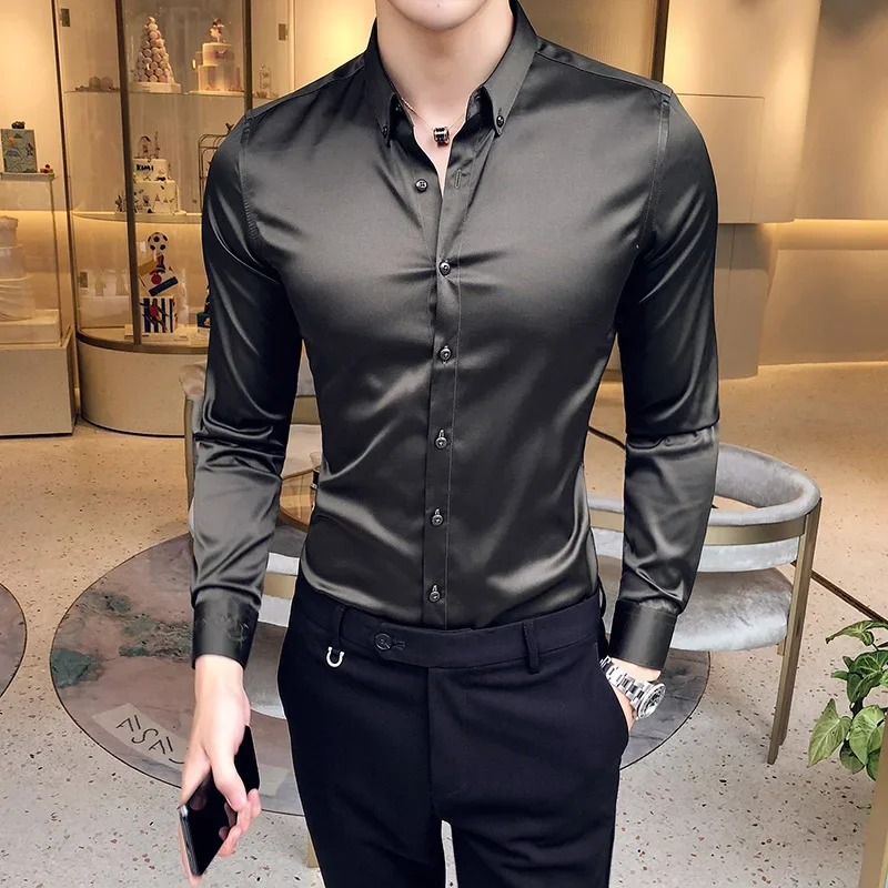 2024 camisa de hombre con escote bordado de manga larga, camisa de vestir informal ajustada para hombre, ropa Formal de negocios Social de Color