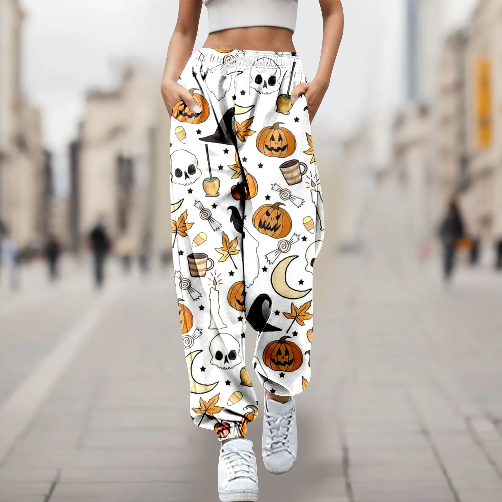 Pantalones casuales con estampado de Halloween para mujer, pantalones de corsé de moda, pantalones de chándal cómodos con cordones de cintura alta, tendencia de personalidad