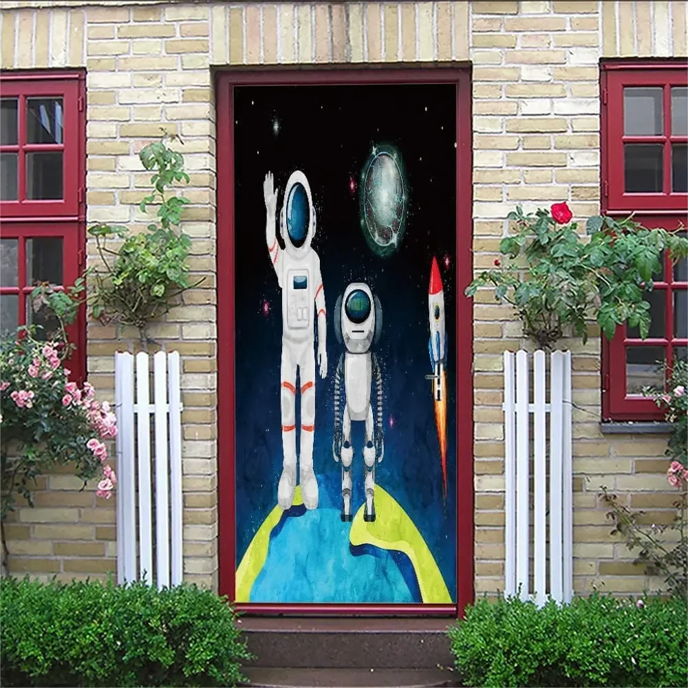 Astronaut Football Door Sticker Space Sports Door Decals Self Adhesive Wallpaper Universe Outer Space Poster Mural Bedroom Decor