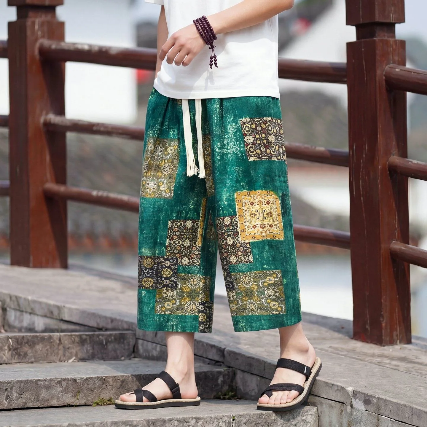 Casual Loose Men's Wide Leg Seven-Foot Pants Summer Fashion Floral Thin Beachwear Casual Loose plus Size Straight Leg Trousers
