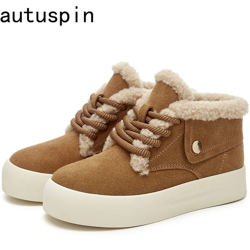 AUTUSPIN-Bottes de neige d'hiver pour femmes, chaussures en cuir floqué, garde au chaud en plein air, peluche épaisse, botte de rinçage pour dames, tout match, mode