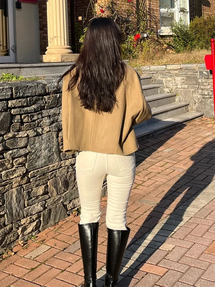 2 ألوان معطف صوفي المرأة 2026 الخريف الشتاء الكورية سترات فضفاضة الإناث موضة سستة ملابس خارجية دافئة معاطف (Ge7780