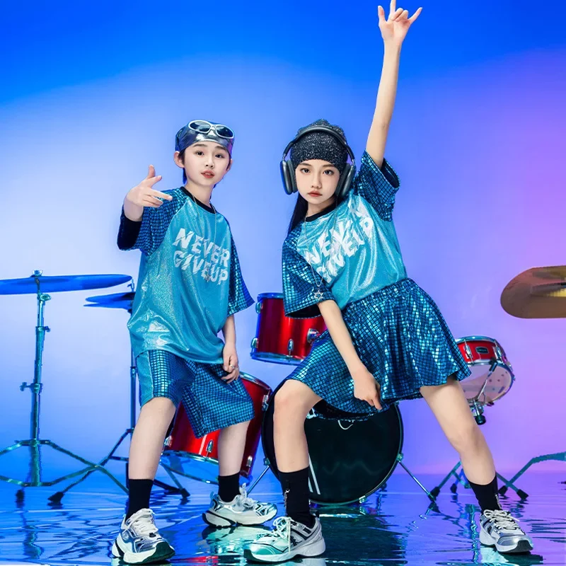 Mädchen Pailletten Hip Hop Kostüm Blau Tops Pailletten Glänzende Shorts für Jungen Kinder Jazz Kleidung Street Dance Bühne Sets