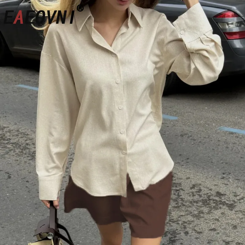

EAEOVNI Office Lady Women's Shirt Lapel Collar Long Sleeve Solid Color Button Versatile Blouse Fashion 2026 Spring New Clothing