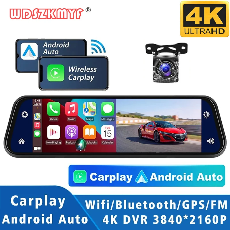 4K Front and Rear Camera 10inch RearView Mirror Wireless Carplay Android Auto WIFI APP Car Dvr Dash Cam for Cars Video recorder 