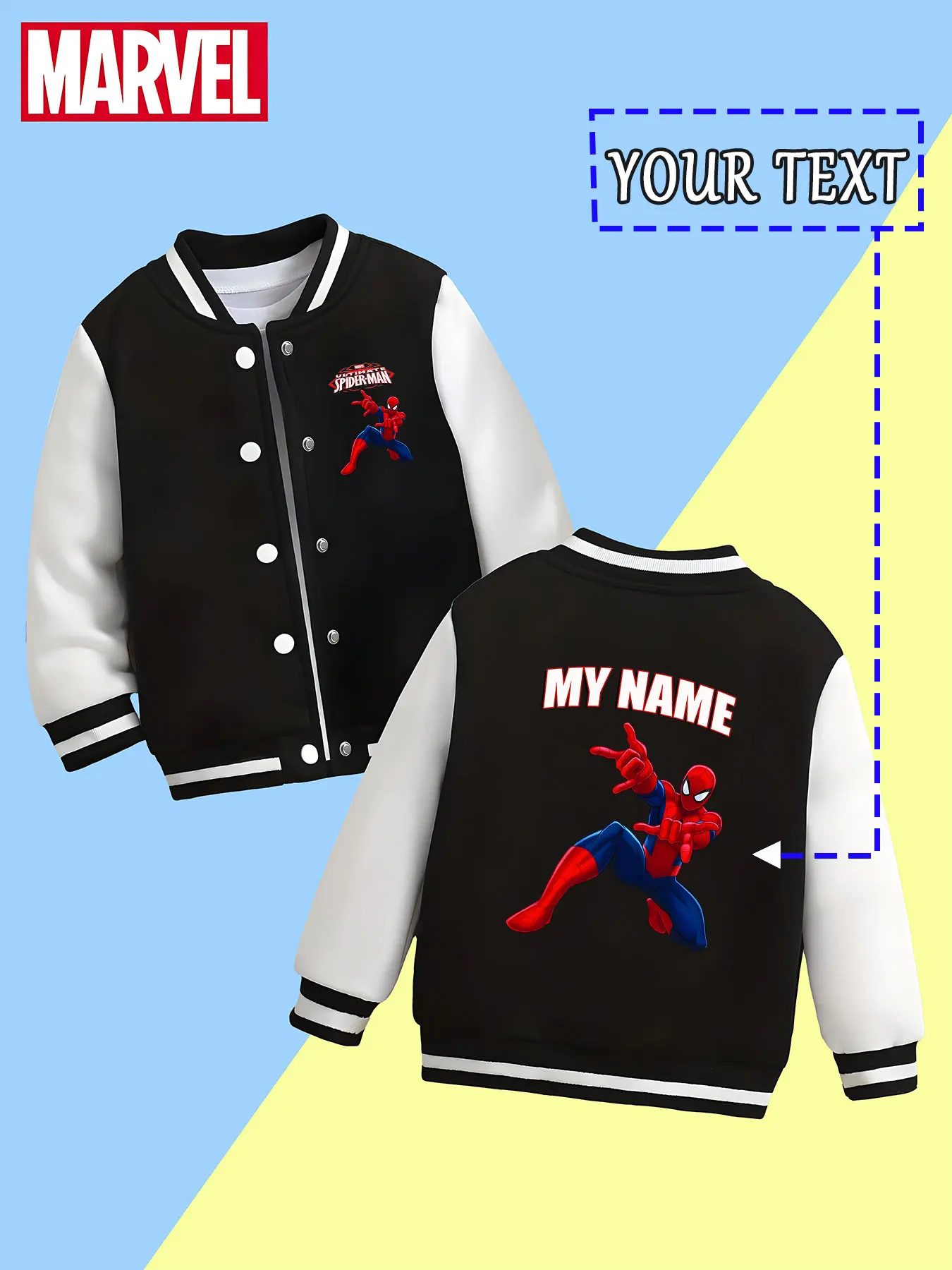 سترة بيسبول MINISO Marvel Boys - طباعة وضعية ديناميكية لـ Spider-Man، نسيج ممتاز ومتانة، شريك جيد لـ ca