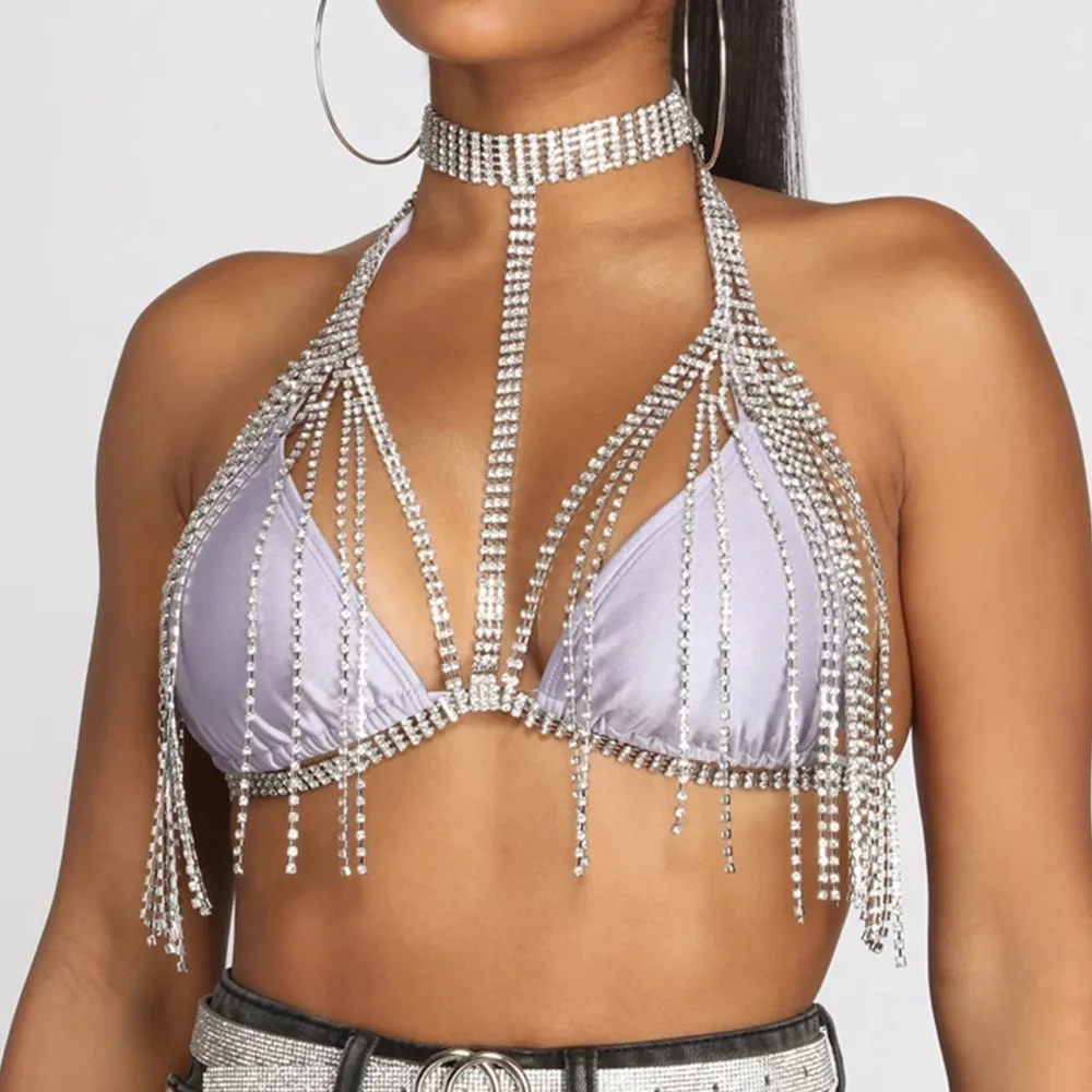 

New trend Hanging neck style tassels rhinestone chest chain nightclub sexy bikini women's charm body chain jewelry