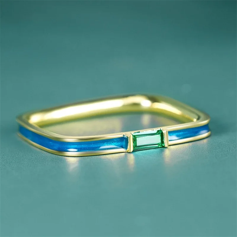 GEEZENCA 925 Sterling Silver Gold Plated Enamel Inlaid Green Zircon Square Rings For Women China Chic Design Simple Ring Size 7