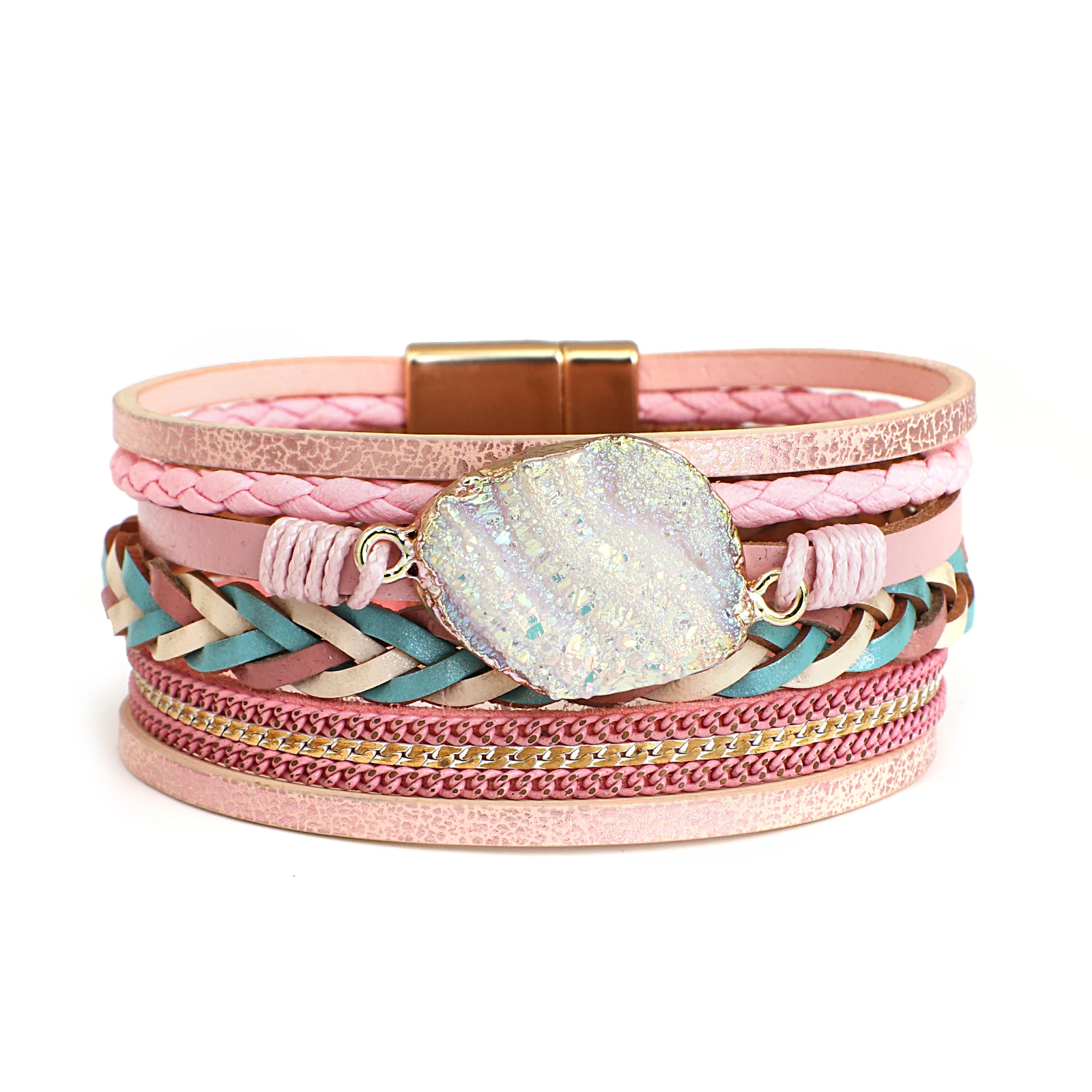 ALLYES Boho Colorful Stone Leather Bracelet for Women Men Vintage Jewelry Charms Multilayer Braided Wide Wrap Bracelets Bangles