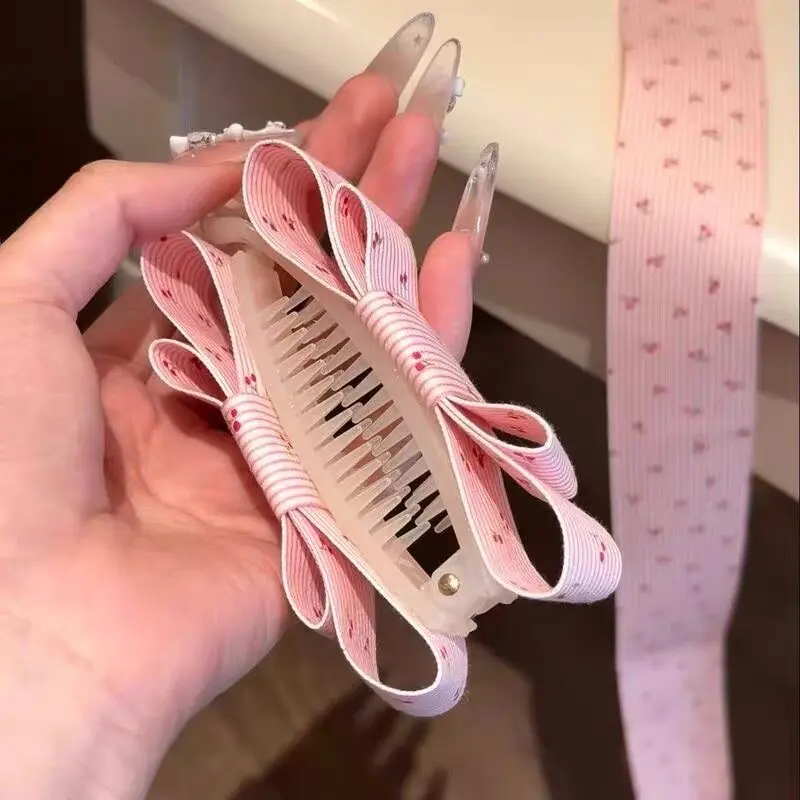 Pink White Striped Cherry Print Bow Banana Clip for Ponytail Vertical Hair Clip Spring Summer New Elegant Lightweight Daily