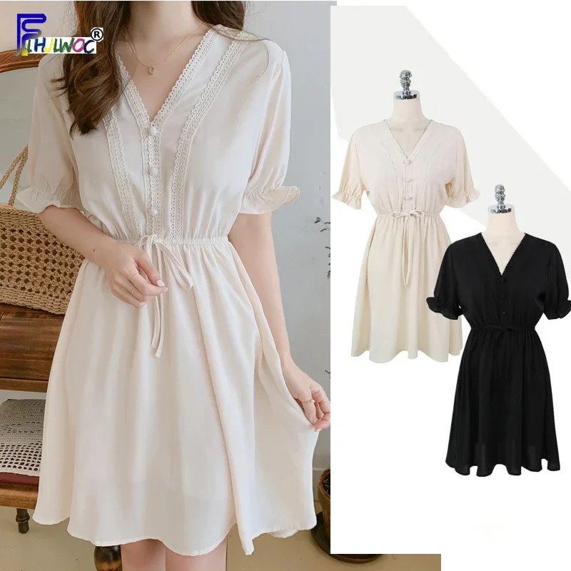 فساتين قصيرة لطيفة للسيدات صيفية بأكمام قصيرة وخصر نحيف على شكل حرف A تصميم على الطراز الياباني فستان قميص بأزرار بيضاء من الدانتيل