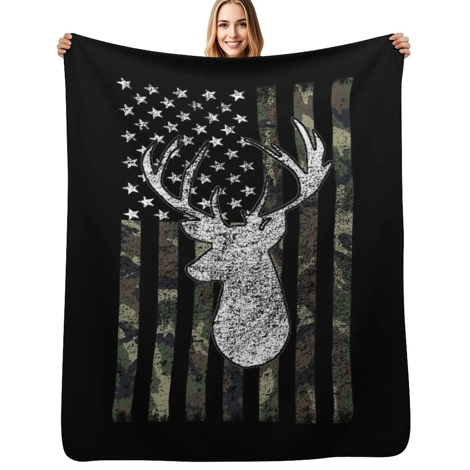 Deer Hunting Buck Camouflage Flag Throw Blanket Warm Plush Fuzzy Blanket for Living Room