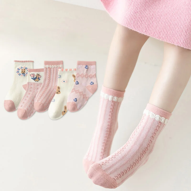 

5Pcs Princess Socks for Kids Spring Autumn Girls Cotton Socks Cute Knitted Flower Children Stocking Baby Clothing Accessories