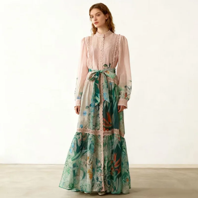 Ele Heavy Embellied Lace Trim Vintage Lantern Sve Stand Collar Printed Belted Long Dr Tee Colors Women's Faion