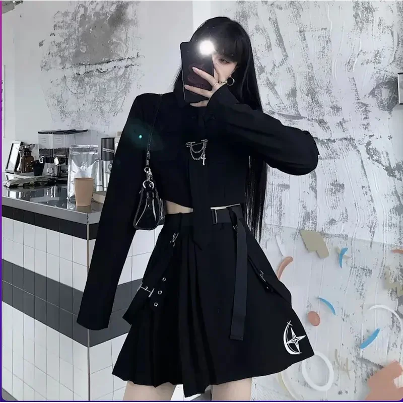 

Spring Harajuku Streetwear Two-Piece Skirt Spring Oversize Punk cosplay Chain Ribbon Skirts Women 2 Piece Suit For Female