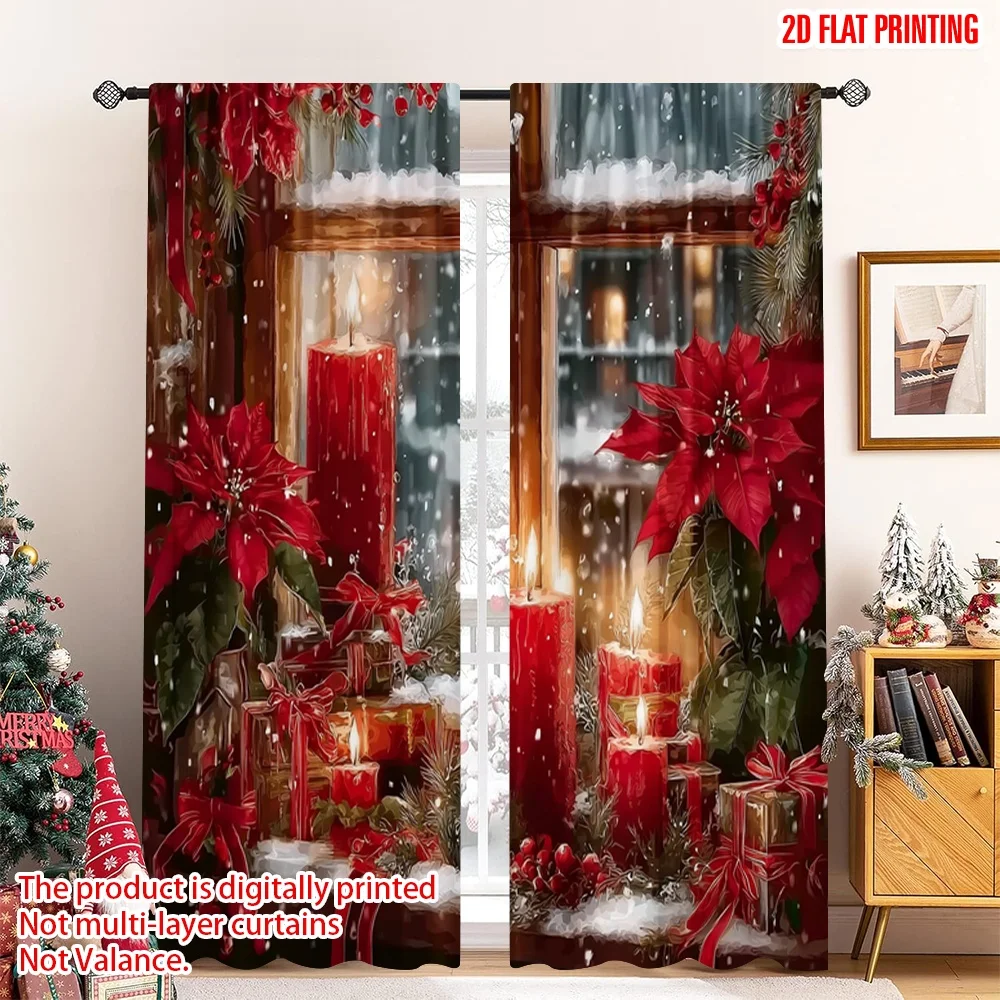 

2pcs 2D flat printing Christmas Classic Hot Curtains Christmas flower3 Digital Printed Polyester Drapes Party Decorations Use