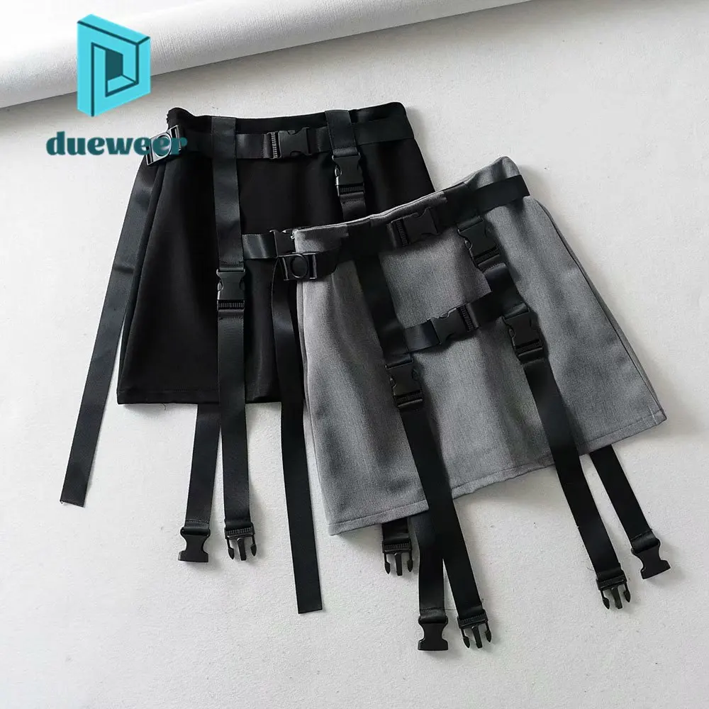 

DUEWEER Buckle High Waist Girl Wrap A-Line Short Skirt Women Dark Mini Sexy Black Skirts Gothic Hippie Punk Hip Hop Streetwear