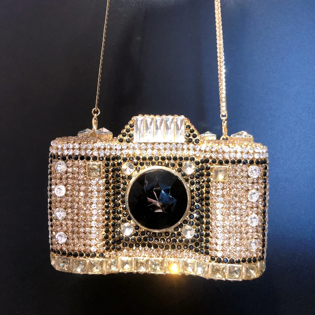 Camera Shaped Diamond Evening Clutch Bags 2024 New Boutique Novelty Metallic Rhinestone Purses And Handbags Bridal Wedding Party