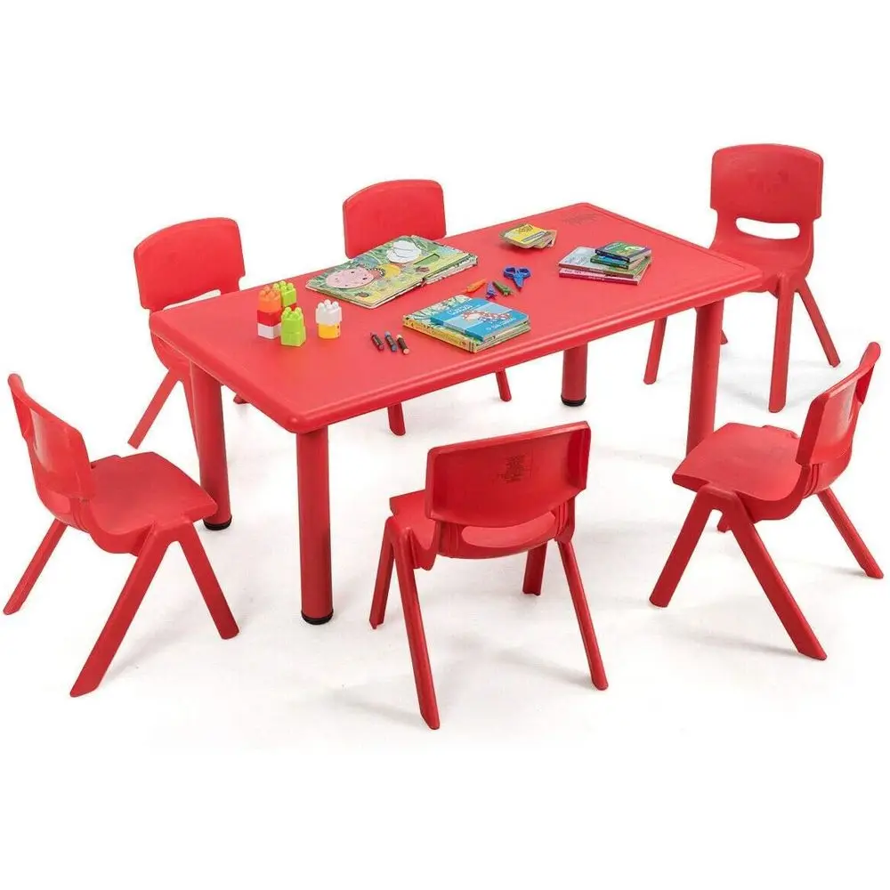 

Stackable 6-Piece Children's Table and Chairs Set, 47x23.5 Plastic Activity Table for Reading, Playing, and Snacking (Red)