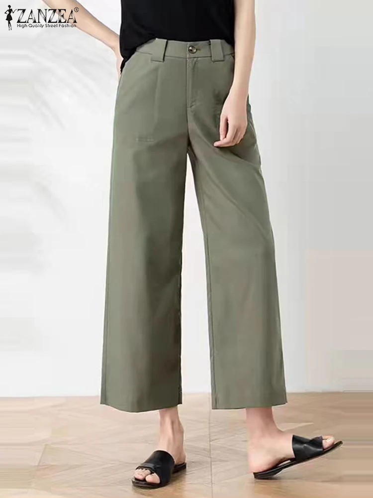 Zanzea Vintage Casual Work Pantalon koreanisches Büro lange gerade Hosen Frauen Sommer lose Hosen Mode weites Bein Hosen