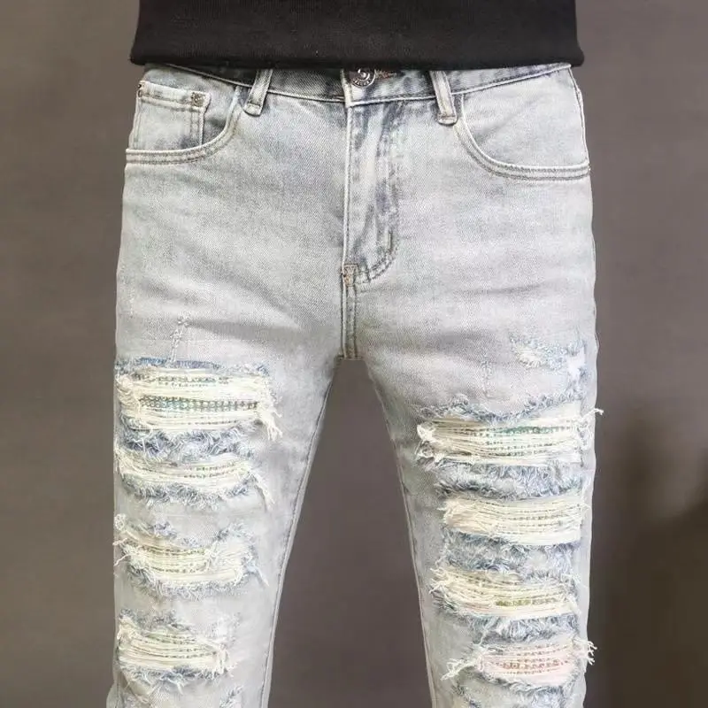 New Jeans Kpop Designer Luxury Fashion Men's Casual Denim Jeans with HOLE for Spring and Autumn Distressed Patch Washed Trousers