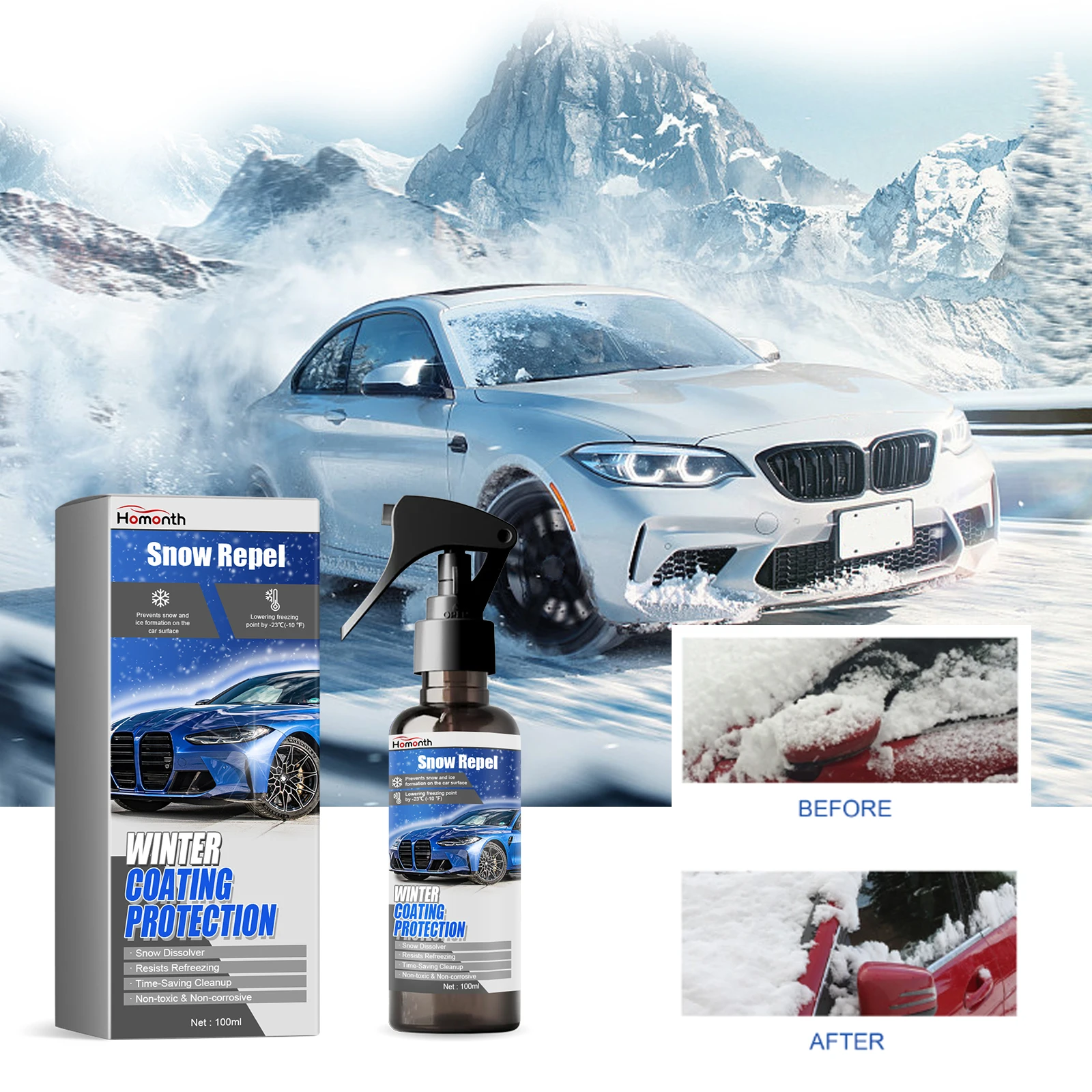 Car Windshield Snow Melt & Defrost Spray - Winter Coating De-Icer, Quick-Acting Formula to Remove Ice & Snow for Safe Driving