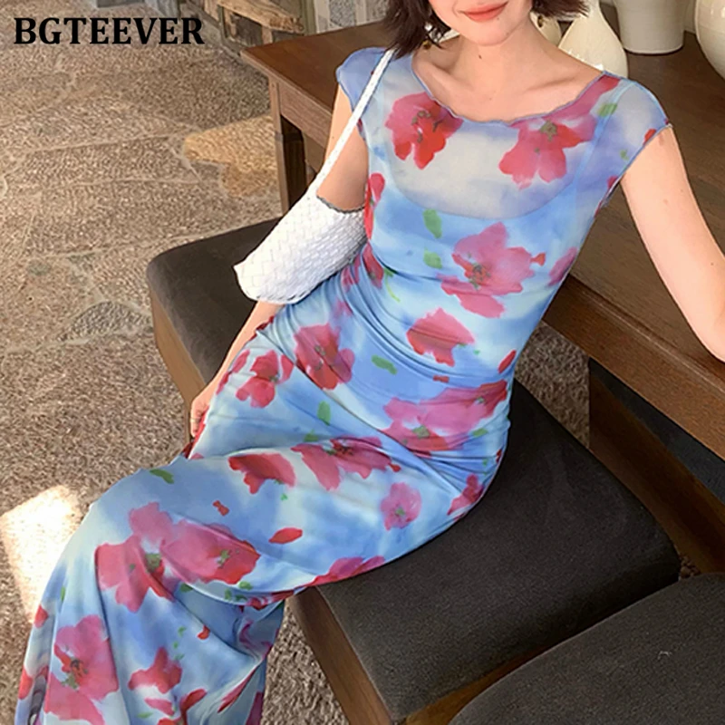 BGTEEVER Summer Vintage Slim Women 2 Pieces Dress Set O-neck Sleeveless Package Hip Printed Dress & Spaghetti Strap Mini Dress