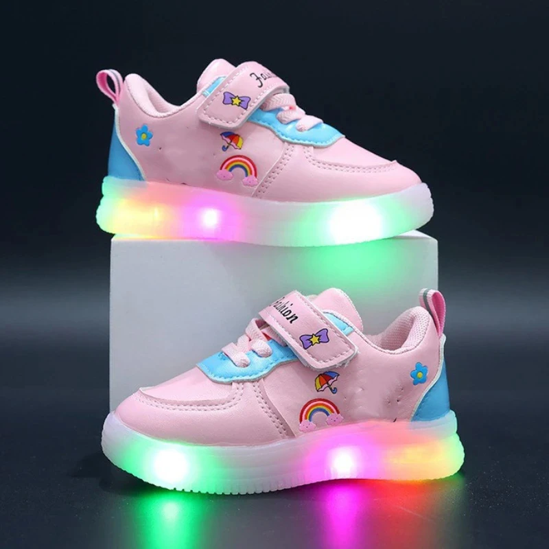 Girls Sneakers Baby Leather Led Light Board Shoes Girls Outdoor Sneaker Children\'s Toddler Anti-slip Walking Shoes Spring Summer