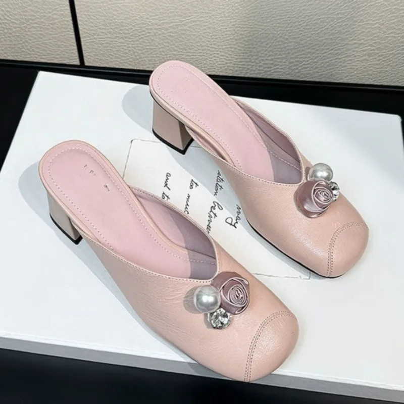 

Baotou Fashion Temperament High-heeled Slippers Slip-on Pearl Block Heel New Back Empty Sandals