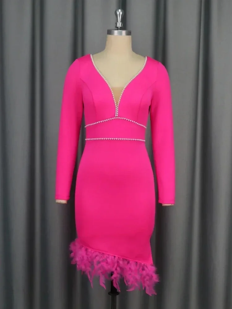 

Elegant Bodycon Dresses for Women Long Sleeves Feather V-neck Beading Mesh Party Autumn Winter Party Fashion Christmas Gowns New