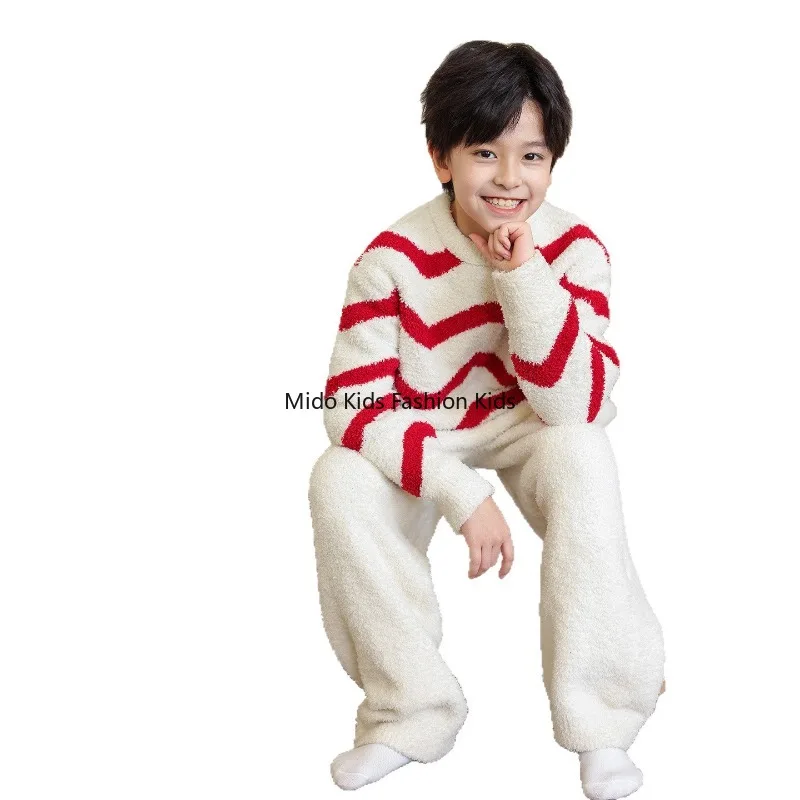 Boys' Coral Fleece Pyjama Set 2025 Winter New Arrival Children's Half-Fleece Striped Loungewear120-170cm