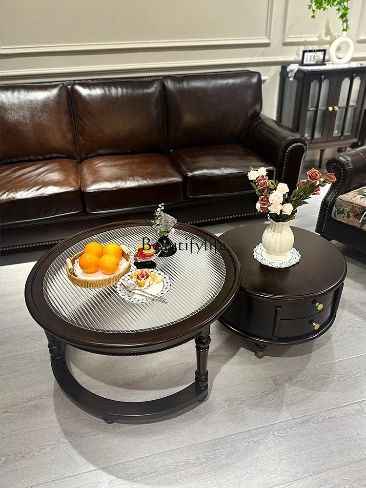 

pg46French retro round solid wood coffee table living room household small apartment
