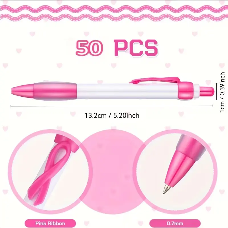 Free custom engraving on 25pcs ribbon pens, bullet-shaped 1.0mm tip, creative pink retractable ballpoint pen, breast cancer awareness gift, unique ribbon clip design, spreading hope and support, black ink, smooth writing