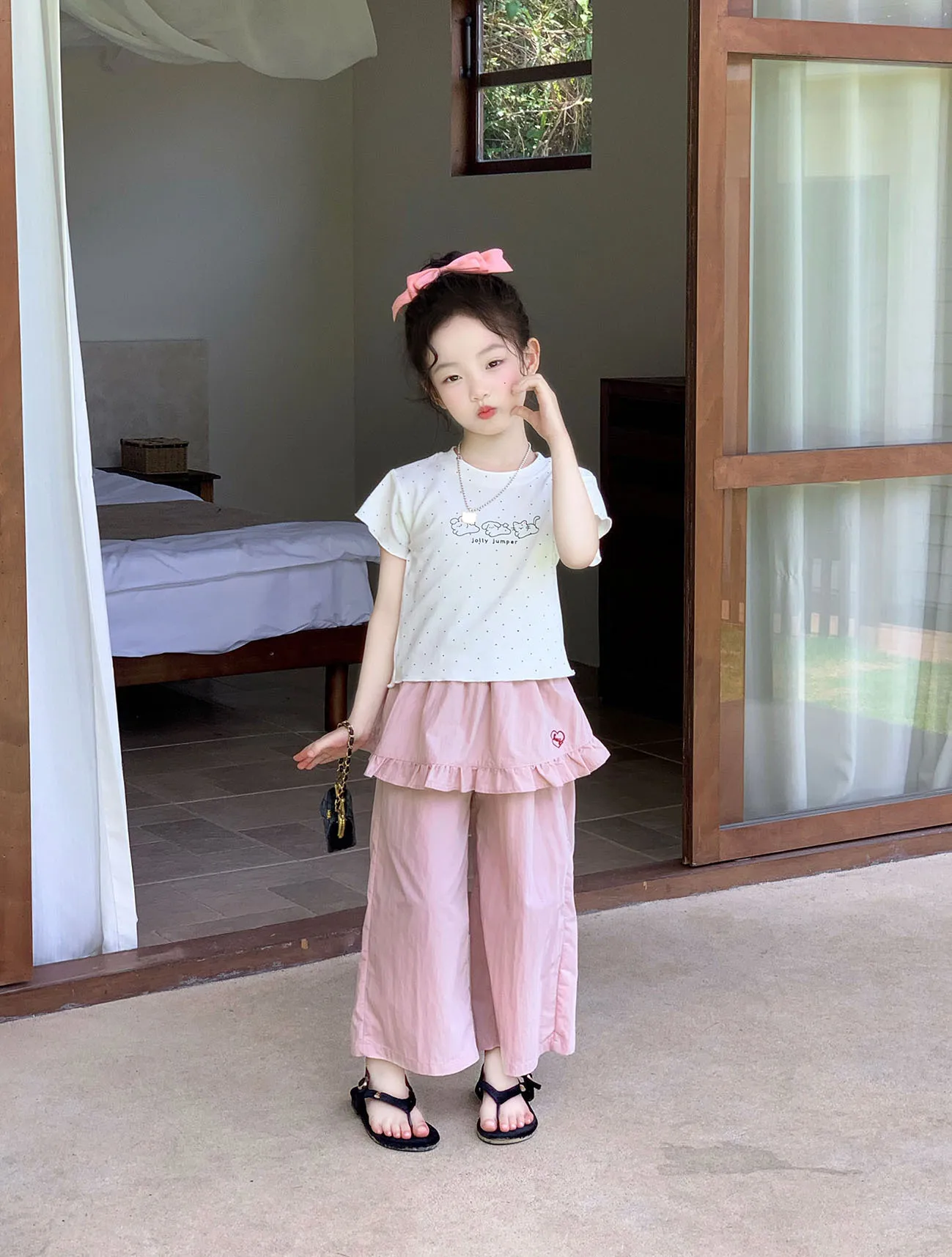 Girls Korean T Shirt 2026 Summer New Kids Middle Young Kids Polka Dot Print Top Stylish Skirt Pants