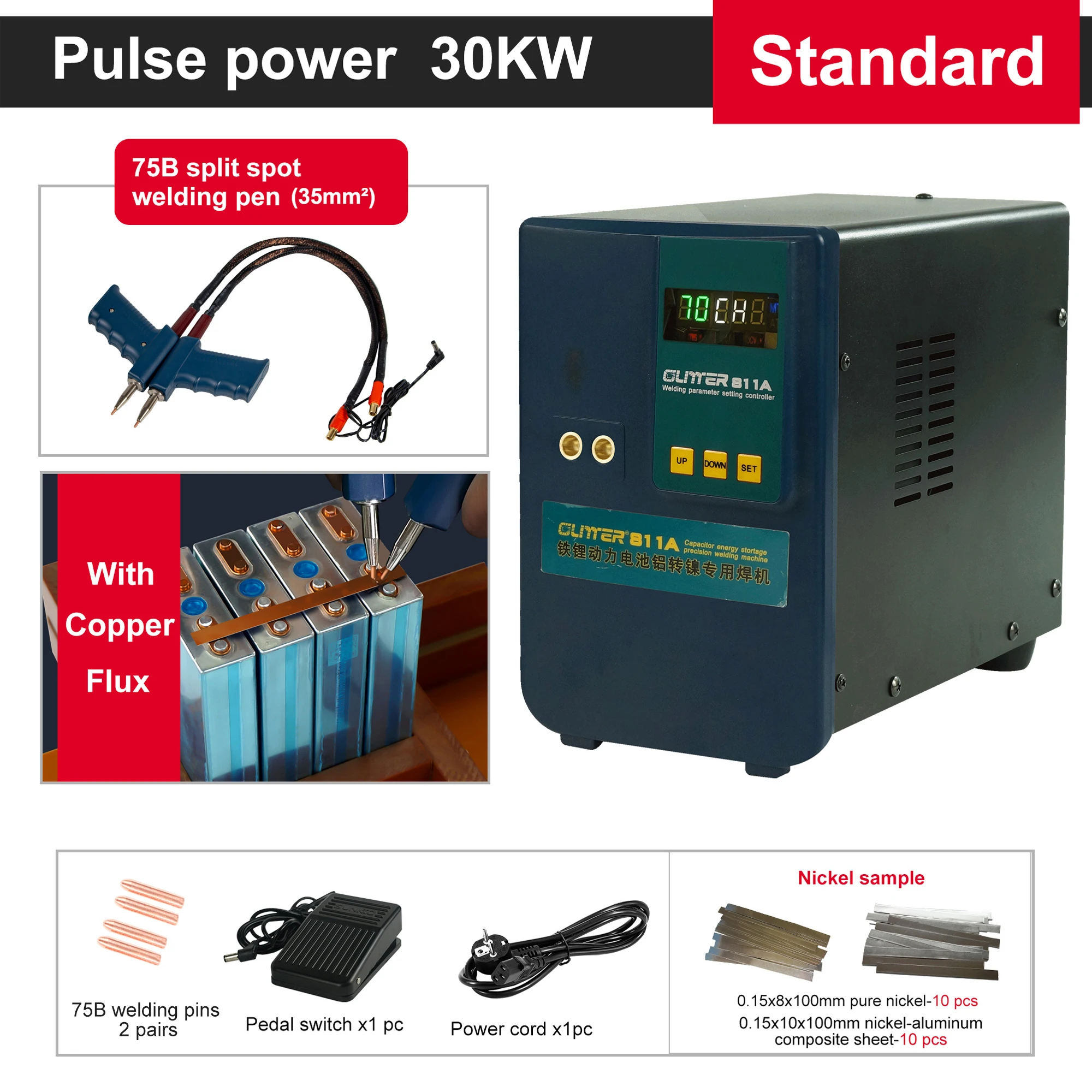 Glitter 30KW 811A Spot Welding Machine Copper Spot Welder for Li-ion Storage Battery Pack Welding With S-75B Split Welder Pen