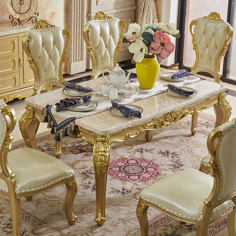 European marble dining table and chairs combination gold table six chairs restaurant home solid wood table luxury high-end dinin