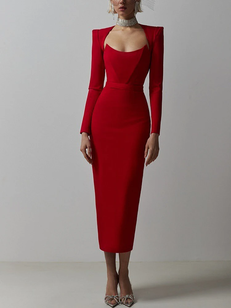 SXTHAENOO Vrouwen Winter Sexy Lange Mouw V-hals Roze Zwart Wit Midi Bandage Jurk 2025, Elegante Avond Club Party Dress