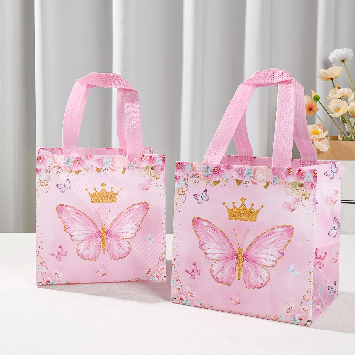 4Pcs Butterfly Flower Pattern Non-woven Gift Bags Portable Candy Pack Handbag Girl Baby Shower Birthday Party Decor Treat Bags