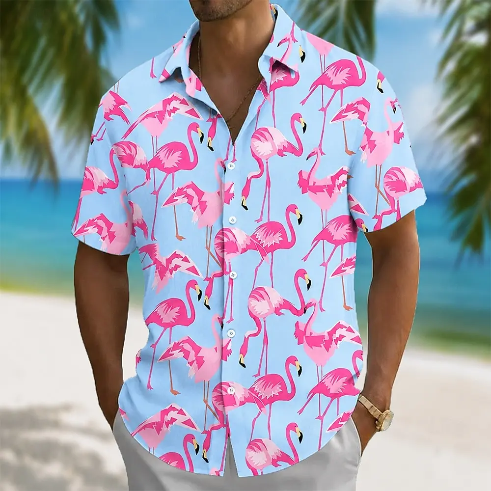 Camisa informal de primavera y verano para hombre, camisetas con estampado de flamencos azul claro para uso diario, ropa informal para la calle, vacaciones, playa, citas y ocio